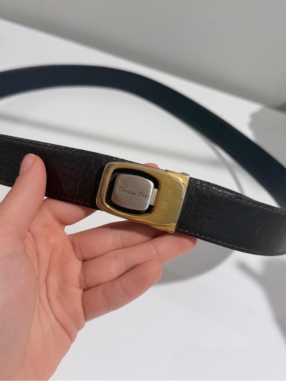 Vintage Christian Dior Black Leather Belt with Gold-Tone Buckle